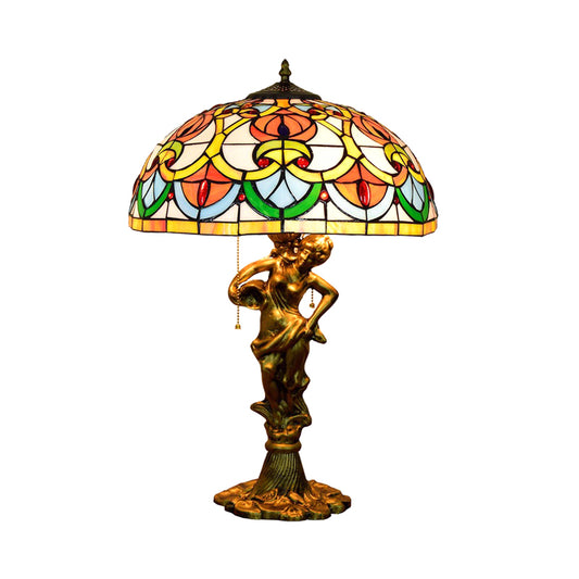 3-Bulb Night Stand Light Baroque Geometric Pattern Bowl Stained Glass Table Lamp with Fisher Girl Statue and Pull Chain Clearhalo 'Lamps' 'Table Lamps' Lighting' 889532