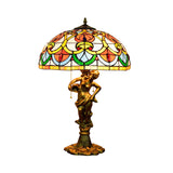 3-Bulb Night Stand Light Baroque Geometric Pattern Bowl Stained Glass Table Lamp with Fisher Girl Statue and Pull Chain Clearhalo 'Lamps' 'Table Lamps' Lighting' 889532