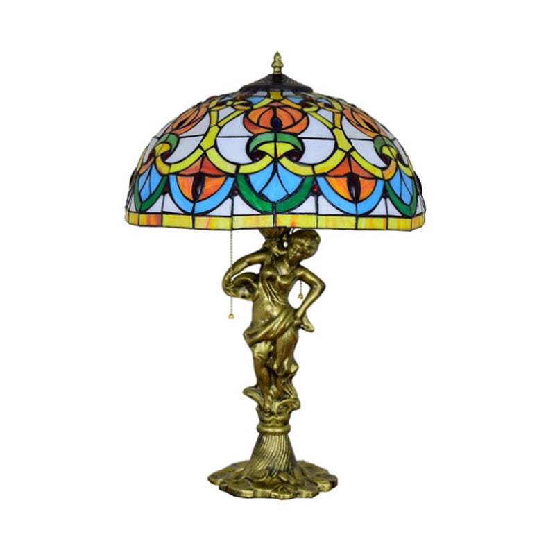 3-Bulb Night Stand Light Baroque Geometric Pattern Bowl Stained Glass Table Lamp with Fisher Girl Statue and Pull Chain Clearhalo 'Lamps' 'Table Lamps' Lighting' 889533