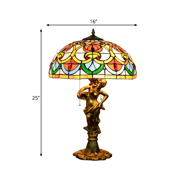 3-Bulb Night Stand Light Baroque Geometric Pattern Bowl Stained Glass Table Lamp with Fisher Girl Statue and Pull Chain Clearhalo 'Lamps' 'Table Lamps' Lighting' 889534