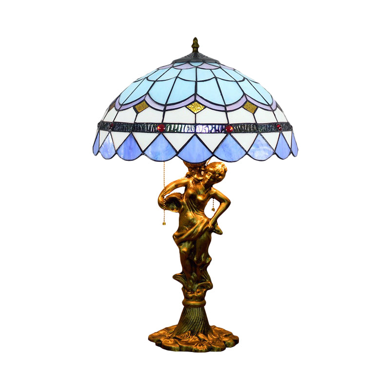 2 Heads Pull Chain Night Light Mediterranean Cone/Dome Beige/Blue-Brown Glass Table Lighting with Bronze Maid Base Clearhalo 'Lamps' 'Table Lamps' Lighting' 889536