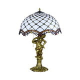 Scalloped-Trim Netting/Parrot Table Lamp Baroque Blue/White-Brown Glass 3 Lights Bronze Pull-Chain Night Light with Woman Sculpture Clearhalo 'Lamps' 'Table Lamps' Lighting' 889549