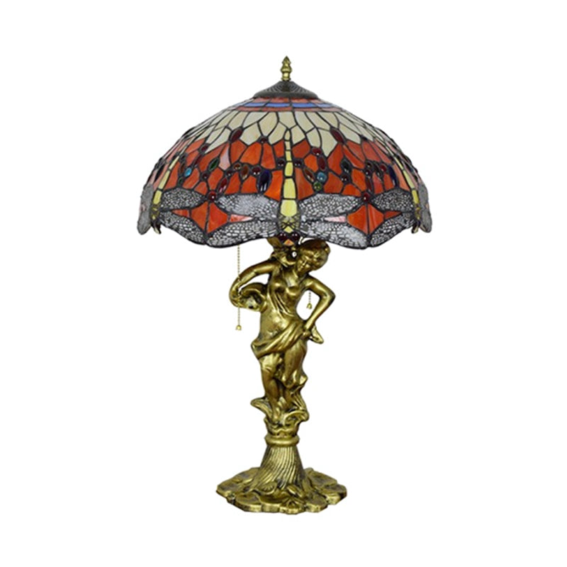 Dragonfly Cabochons Embedded Table Light 3-Light Yellow/Orange/Blue Glass Tiffany Nightstand Lamp with Pull Chain Clearhalo 'Lamps' 'Table Lamps' Lighting' 889557
