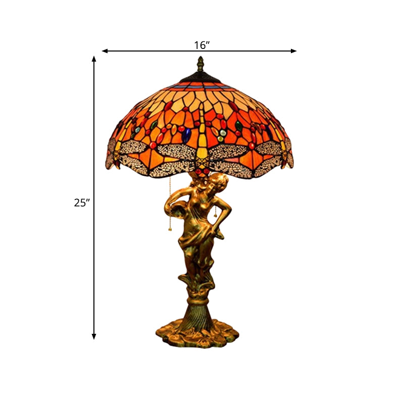 Dragonfly Cabochons Embedded Table Light 3-Light Yellow/Orange/Blue Glass Tiffany Nightstand Lamp with Pull Chain Clearhalo 'Lamps' 'Table Lamps' Lighting' 889558