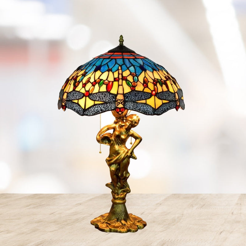 Dragonfly Cabochons Embedded Table Light 3-Light Yellow/Orange/Blue Glass Tiffany Nightstand Lamp with Pull Chain Yellow Clearhalo 'Lamps' 'Table Lamps' Lighting' 889559