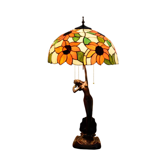 Flowering Stained Glass Table Lamp Tiffany-Style 3 Heads Red/Orange Pull-Chain Night Stand Light with Women Sculpture Clearhalo 'Lamps' 'Table Lamps' Lighting' 889577