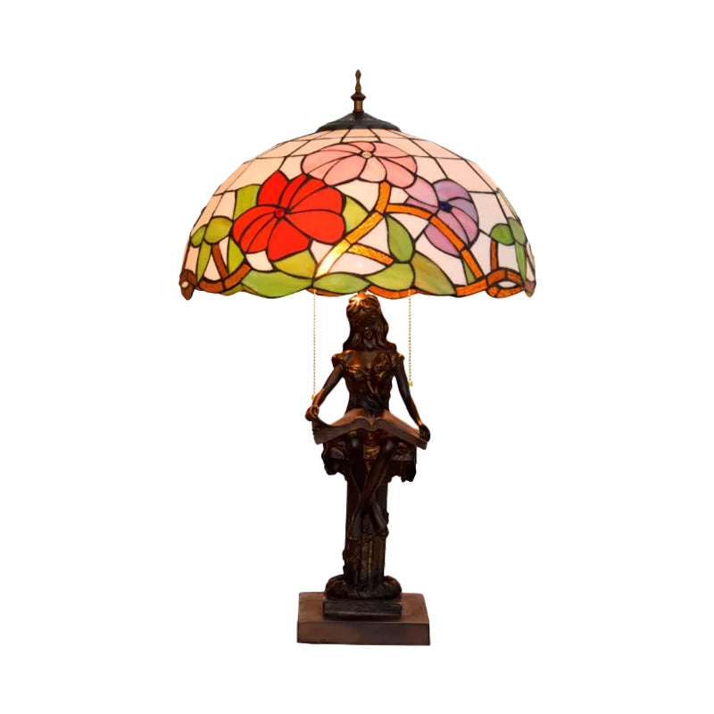 Little Girl Reading Book Table Lamp 2 Lights Resin Baroque Pull-Chain Nightstand Light with Sunflower Red/Orange Glass Shade Clearhalo 'Lamps' 'Table Lamps' Lighting' 889637