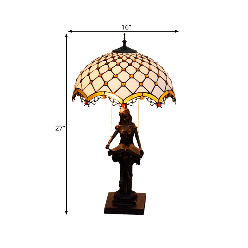 2-Light Reading Girl Table Light Tiffany Bronze Resin Pull Chain Night Lamp with Bird Blue-Brown/Net Yellow-White Glass Shade Clearhalo 'Lamps' 'Table Lamps' Lighting' 889654