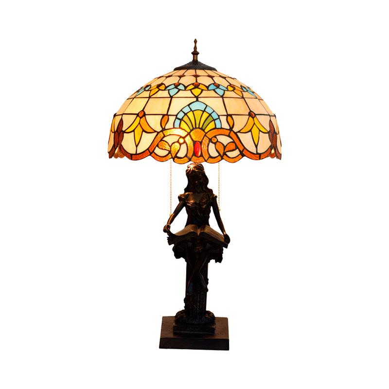 Tiffany-Style Girl Studying Table Light 2 Bulbs Resin Pull-Chain Night Lamp with Grain/Grid/Floral Beige/Blue-White/Blue-Brown Glass Shade Clearhalo 'Lamps' 'Table Lamps' Lighting' 889660