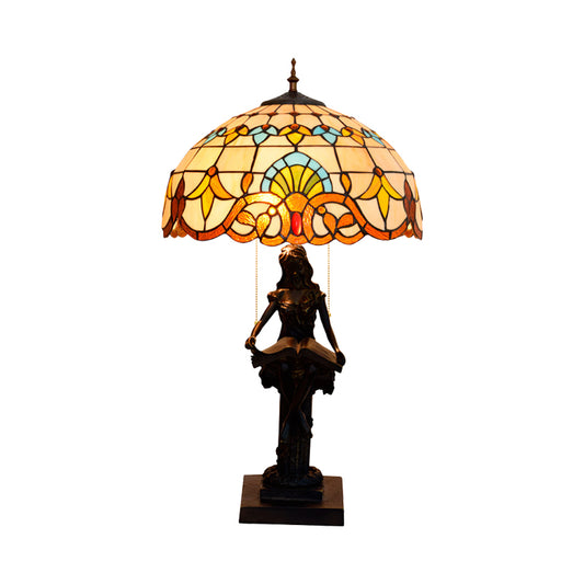 Tiffany-Style Girl Studying Table Light 2 Bulbs Resin Pull-Chain Night Lamp with Grain/Grid/Floral Beige/Blue-White/Blue-Brown Glass Shade Clearhalo 'Lamps' 'Table Lamps' Lighting' 889660