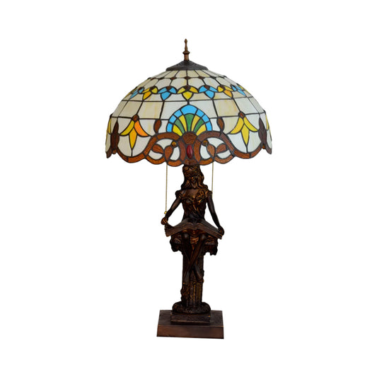 Tiffany-Style Girl Studying Table Light 2 Bulbs Resin Pull-Chain Night Lamp with Grain/Grid/Floral Beige/Blue-White/Blue-Brown Glass Shade Clearhalo 'Lamps' 'Table Lamps' Lighting' 889661