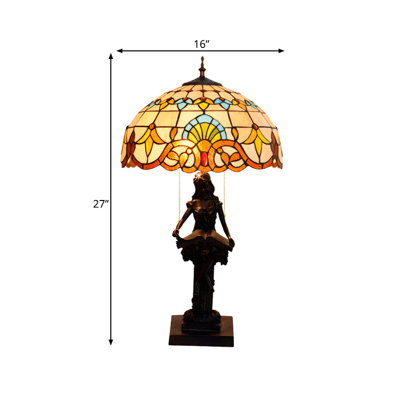 Tiffany-Style Girl Studying Table Light 2 Bulbs Resin Pull-Chain Night Lamp with Grain/Grid/Floral Beige/Blue-White/Blue-Brown Glass Shade Clearhalo 'Lamps' 'Table Lamps' Lighting' 889662