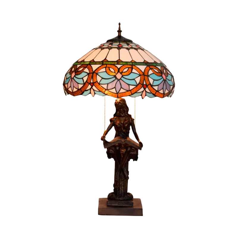 Tiffany-Style Girl Studying Table Light 2 Bulbs Resin Pull-Chain Night Lamp with Grain/Grid/Floral Beige/Blue-White/Blue-Brown Glass Shade Clearhalo 'Lamps' 'Table Lamps' Lighting' 889665