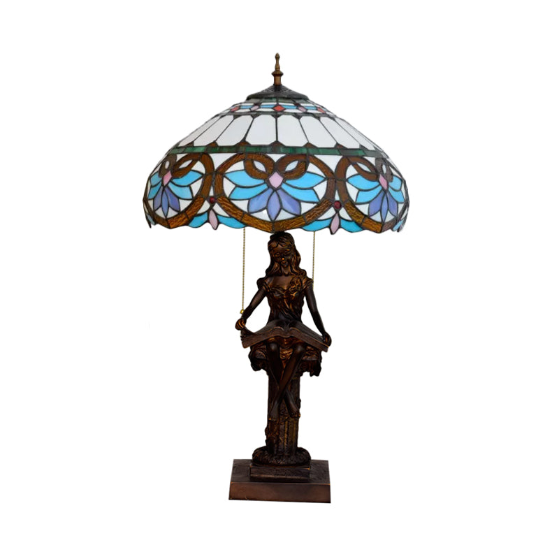 Tiffany-Style Girl Studying Table Light 2 Bulbs Resin Pull-Chain Night Lamp with Grain/Grid/Floral Beige/Blue-White/Blue-Brown Glass Shade Clearhalo 'Lamps' 'Table Lamps' Lighting' 889666