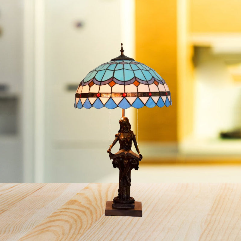 Tiffany-Style Girl Studying Table Light 2 Bulbs Resin Pull-Chain Night Lamp with Grain/Grid/Floral Beige/Blue-White/Blue-Brown Glass Shade Clearhalo 'Lamps' 'Table Lamps' Lighting' 889668