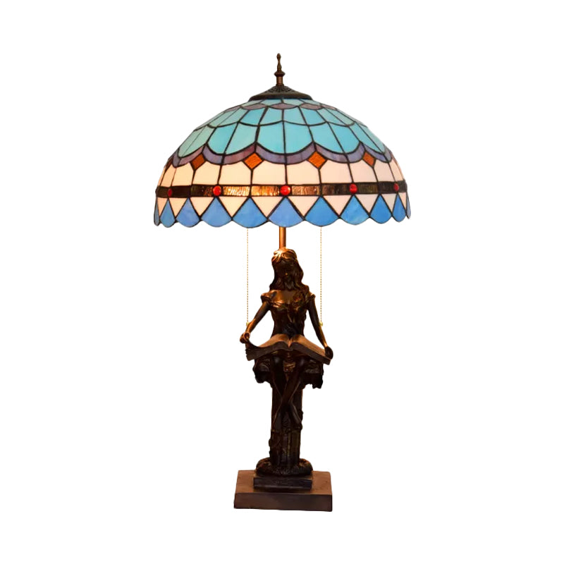 Tiffany-Style Girl Studying Table Light 2 Bulbs Resin Pull-Chain Night Lamp with Grain/Grid/Floral Beige/Blue-White/Blue-Brown Glass Shade Clearhalo 'Lamps' 'Table Lamps' Lighting' 889669