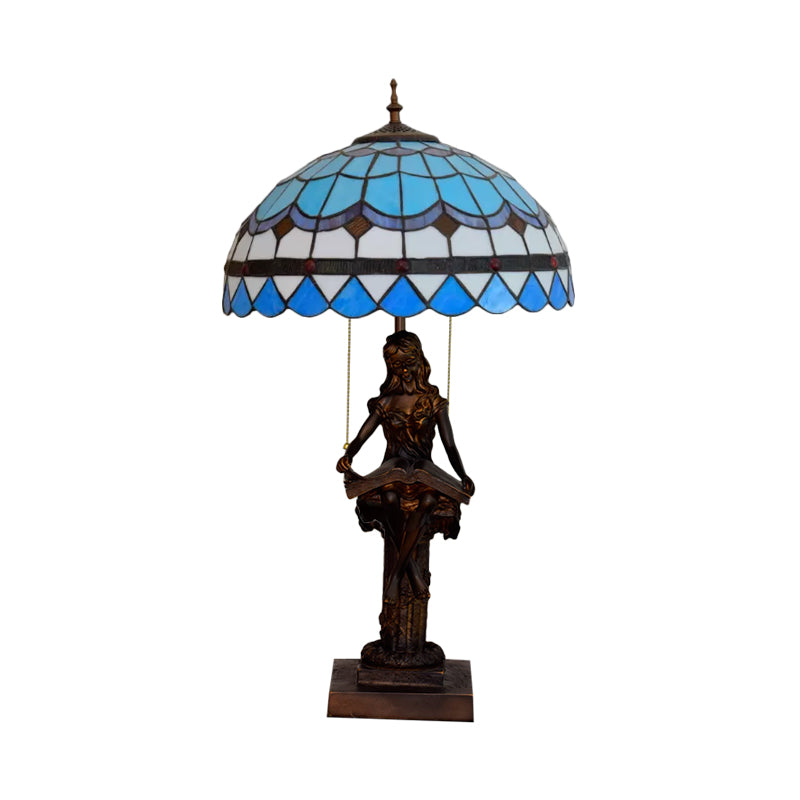 Tiffany-Style Girl Studying Table Light 2 Bulbs Resin Pull-Chain Night Lamp with Grain/Grid/Floral Beige/Blue-White/Blue-Brown Glass Shade Clearhalo 'Lamps' 'Table Lamps' Lighting' 889670