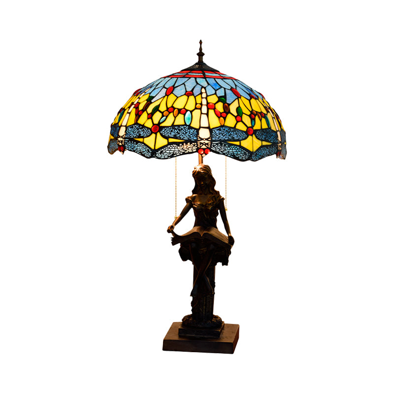 Dragonfly-Edge Night Light 2-Head Yellow/Orange/Green Cut Glass Tiffany Table Lighting with Pull Chain and Girl Pedestal Clearhalo 'Lamps' 'Table Lamps' Lighting' 889672