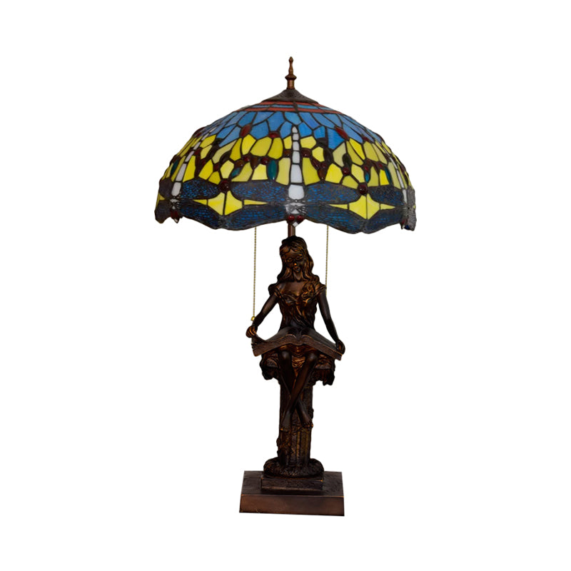 Dragonfly-Edge Night Light 2-Head Yellow/Orange/Green Cut Glass Tiffany Table Lighting with Pull Chain and Girl Pedestal Clearhalo 'Lamps' 'Table Lamps' Lighting' 889673