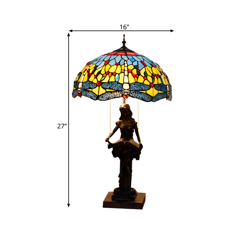 Dragonfly-Edge Night Light 2-Head Yellow/Orange/Green Cut Glass Tiffany Table Lighting with Pull Chain and Girl Pedestal Clearhalo 'Lamps' 'Table Lamps' Lighting' 889674