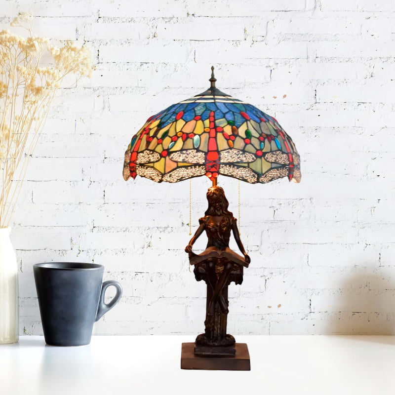 Dragonfly-Edge Night Light 2-Head Yellow/Orange/Green Cut Glass Tiffany Table Lighting with Pull Chain and Girl Pedestal Clearhalo 'Lamps' 'Table Lamps' Lighting' 889676