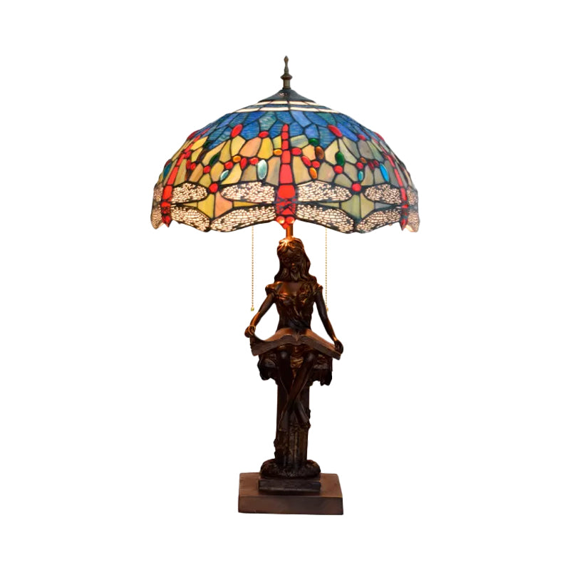 Dragonfly-Edge Night Light 2-Head Yellow/Orange/Green Cut Glass Tiffany Table Lighting with Pull Chain and Girl Pedestal Clearhalo 'Lamps' 'Table Lamps' Lighting' 889677