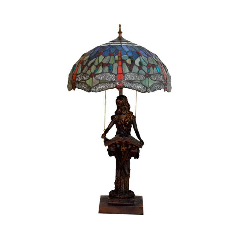 Dragonfly-Edge Night Light 2-Head Yellow/Orange/Green Cut Glass Tiffany Table Lighting with Pull Chain and Girl Pedestal Clearhalo 'Lamps' 'Table Lamps' Lighting' 889678