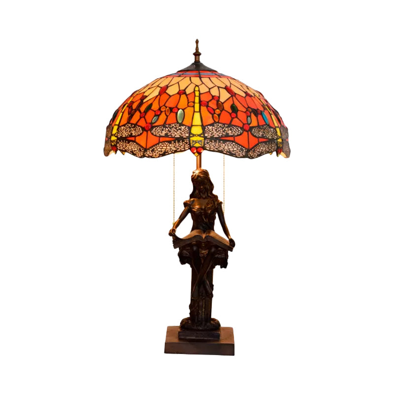 Dragonfly-Edge Night Light 2-Head Yellow/Orange/Green Cut Glass Tiffany Table Lighting with Pull Chain and Girl Pedestal Clearhalo 'Lamps' 'Table Lamps' Lighting' 889681