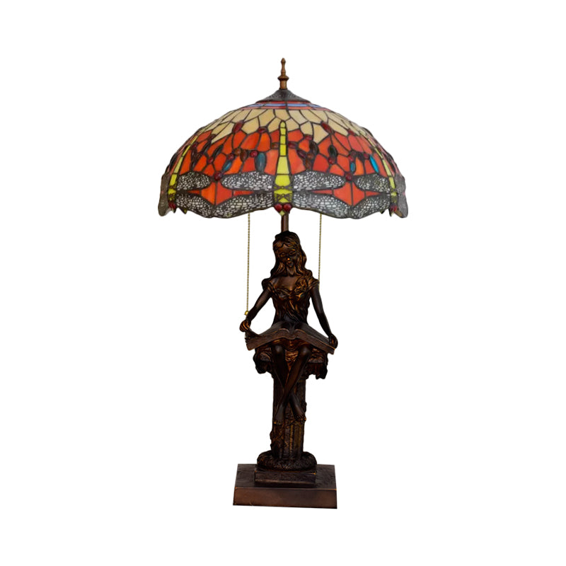 Dragonfly-Edge Night Light 2-Head Yellow/Orange/Green Cut Glass Tiffany Table Lighting with Pull Chain and Girl Pedestal Clearhalo 'Lamps' 'Table Lamps' Lighting' 889682