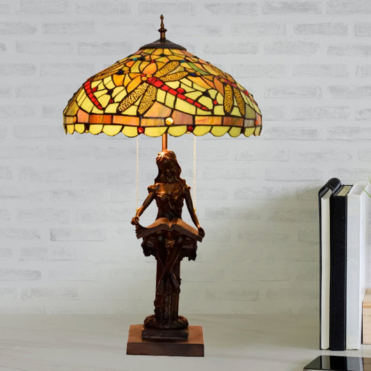 Dragonfly-Edge Night Light 2-Head Yellow/Orange/Green Cut Glass Tiffany Table Lighting with Pull Chain and Girl Pedestal Green Clearhalo 'Lamps' 'Table Lamps' Lighting' 889683