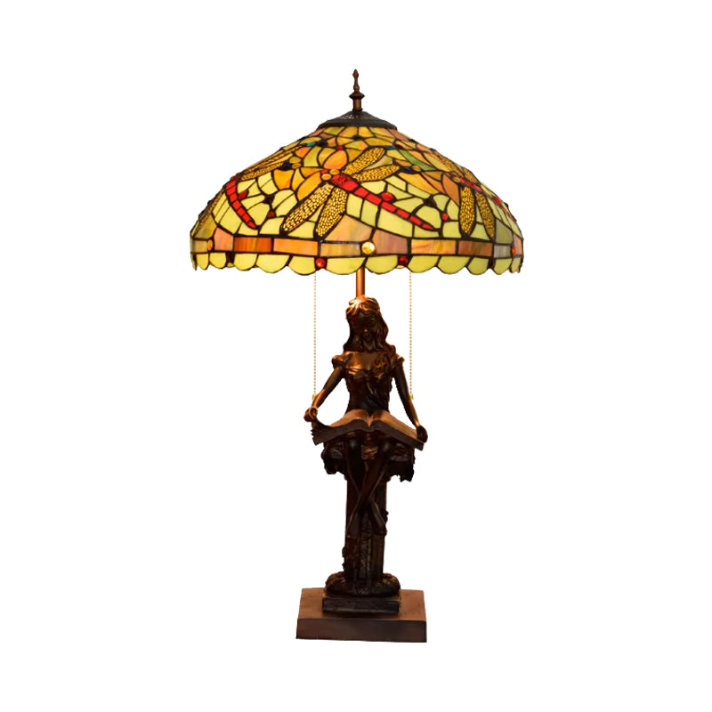 Dragonfly-Edge Night Light 2-Head Yellow/Orange/Green Cut Glass Tiffany Table Lighting with Pull Chain and Girl Pedestal Clearhalo 'Lamps' 'Table Lamps' Lighting' 889685
