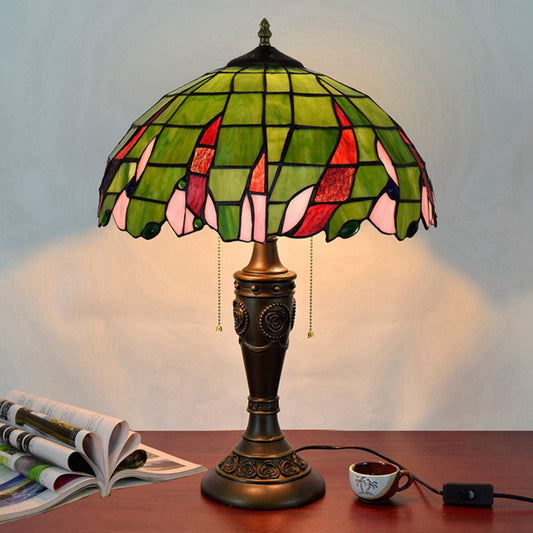 Bronze 2 Heads Table Lamp Tiffany Green Glass Leaf Patterned Bowl Nightstand Light with Pulling Chain Bronze Clearhalo 'Lamps' 'Table Lamps' Lighting' 889687