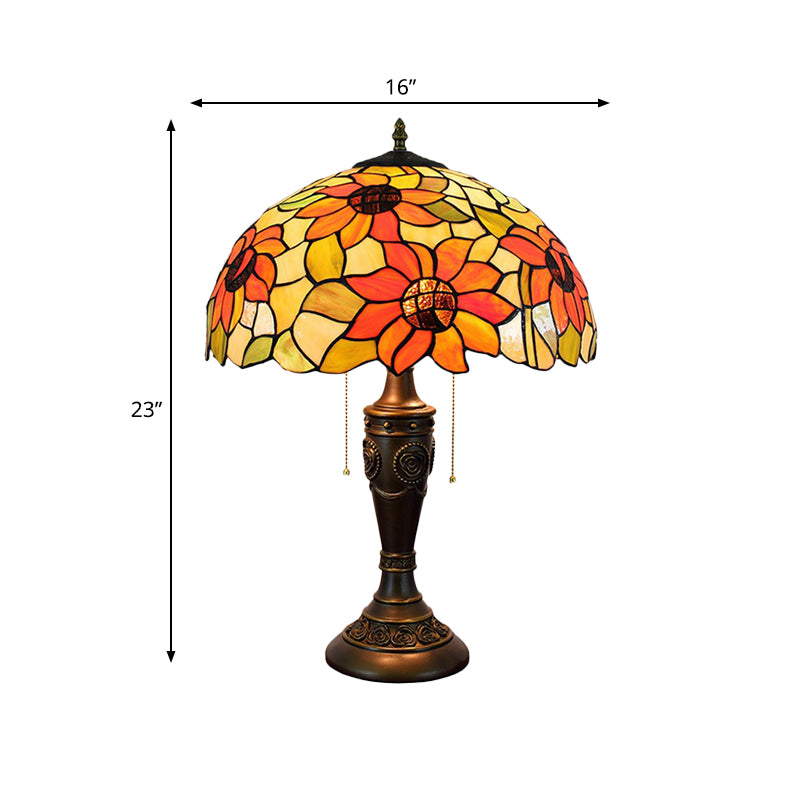 Dome Red/Orange Glass Night Lamp Tiffany 2 Lights Bronze Pull Chain Table Lighting with Carved Base Clearhalo 'Lamps' 'Table Lamps' Lighting' 889694