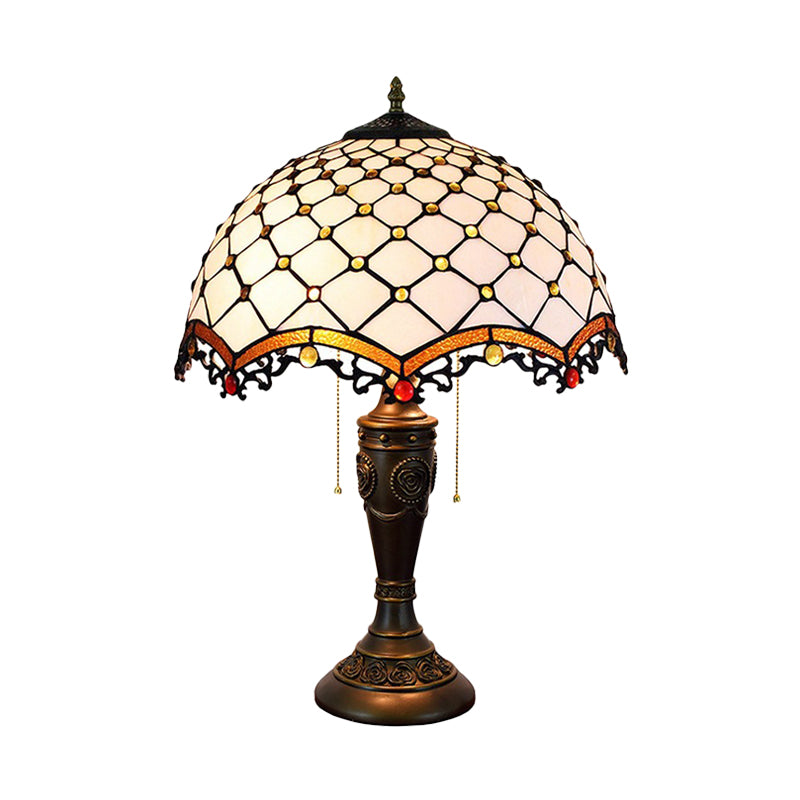 White Glass Fishscale Table Light Baroque Style 2 Lights Bronze Night Lamp with Pull Chain for Sitting Room Clearhalo 'Lamps' 'Table Lamps' Lighting' 889716