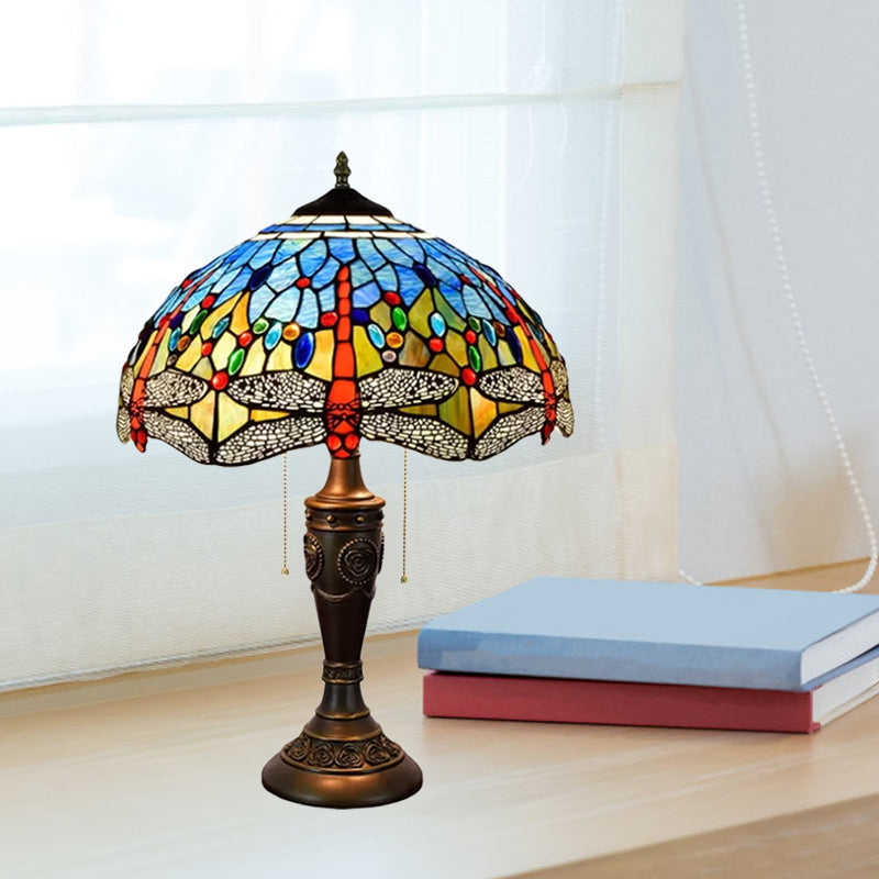 Mediterranean Dragonflies Jeweled Table Lamp 2 Bulbs Blue-Green/Yellow-Blue Glass Nightstand Light with Pull Chain Switch Clearhalo 'Lamps' 'Table Lamps' Lighting' 889724
