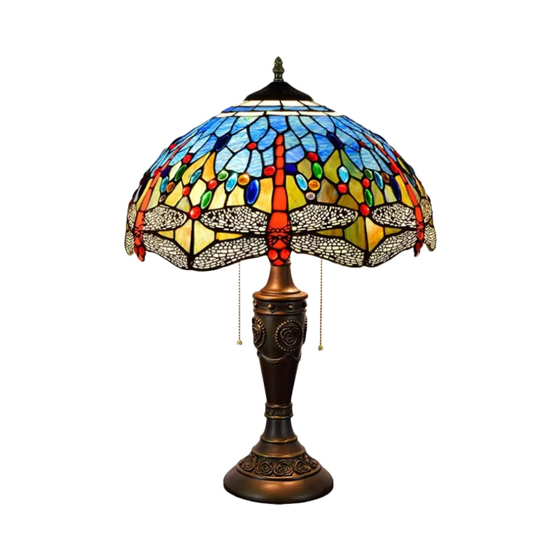 Mediterranean Dragonflies Jeweled Table Lamp 2 Bulbs Blue-Green/Yellow-Blue Glass Nightstand Light with Pull Chain Switch Clearhalo 'Lamps' 'Table Lamps' Lighting' 889725