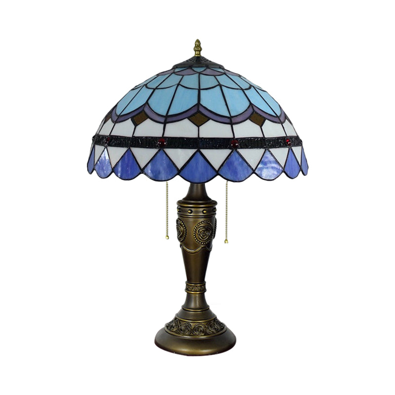 2 Heads Night Stand Lamp Mediterranean Teardrop-Edge Blue and White/Scroll Beige Glass Table Light with Pull Chain Clearhalo 'Lamps' 'Table Lamps' Lighting' 889734