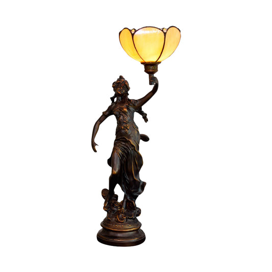 Single Scalloped/Cone Shade Table Light Tiffany Yellow/White-Brown Glass Nightstand Lamp with Greek Woman Statue Clearhalo 'Lamps' 'Table Lamps' Lighting' 889737