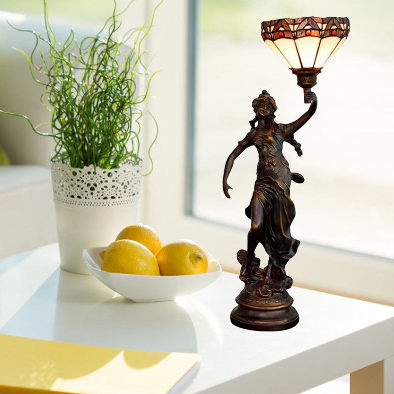 Single Scalloped/Cone Shade Table Light Tiffany Yellow/White-Brown Glass Nightstand Lamp with Greek Woman Statue Clearhalo 'Lamps' 'Table Lamps' Lighting' 889740