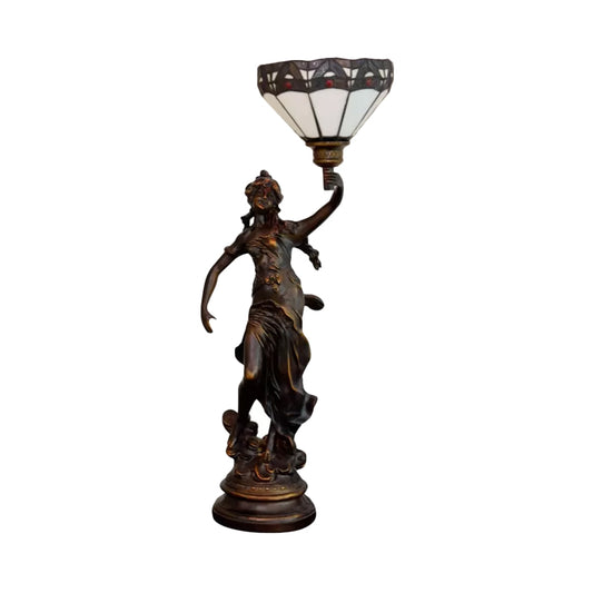 Single Scalloped/Cone Shade Table Light Tiffany Yellow/White-Brown Glass Nightstand Lamp with Greek Woman Statue Clearhalo 'Lamps' 'Table Lamps' Lighting' 889742