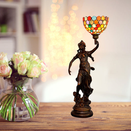 Stained Glass Coffee Night Lamp Woman Holding Torch Design 1 Head Tiffany Table Light Coffee Clearhalo 'Lamps' 'Table Lamps' Lighting' 889743