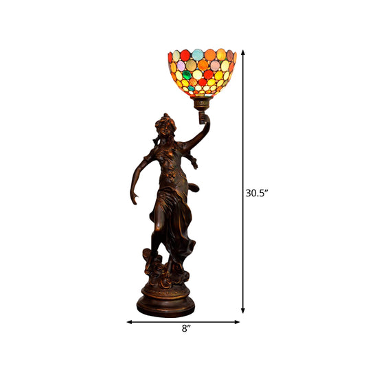 Stained Glass Coffee Night Lamp Woman Holding Torch Design 1 Head Tiffany Table Light Clearhalo 'Lamps' 'Table Lamps' Lighting' 889746