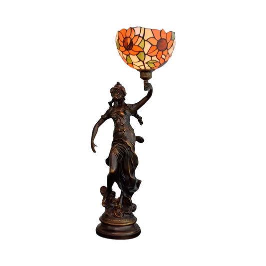 Inverted Bell Table Lighting 1-Light Orange/Yellow-Blue Sunflower Glass Tiffany Night Lamp with Girl Pedestal Clearhalo 'Lamps' 'Table Lamps' Lighting' 889753