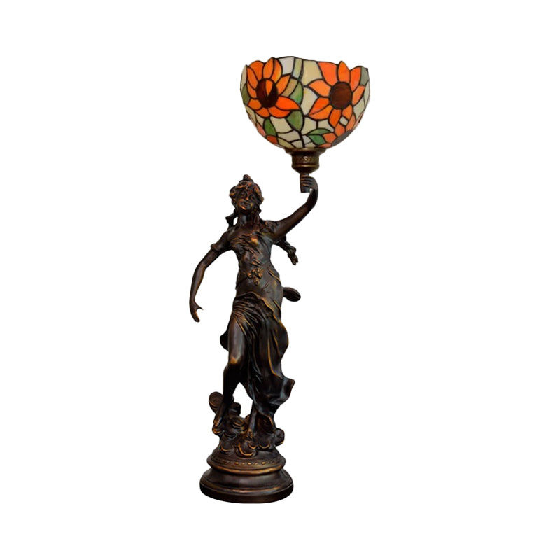 Inverted Bell Table Lighting 1-Light Orange/Yellow-Blue Sunflower Glass Tiffany Night Lamp with Girl Pedestal Clearhalo 'Lamps' 'Table Lamps' Lighting' 889754