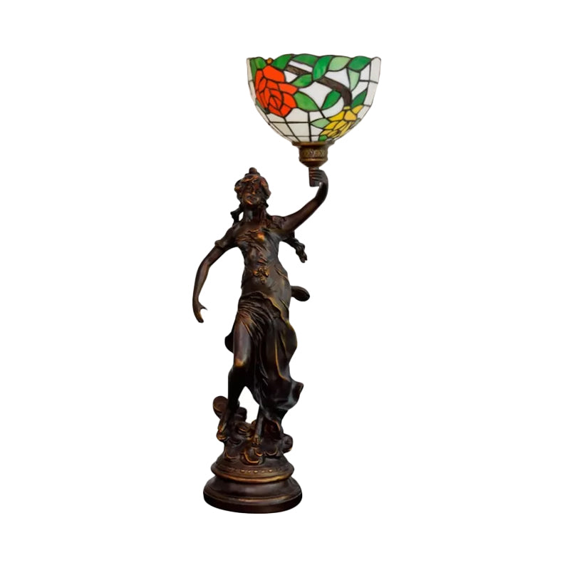 Resin Torchiere Table Light Tiffany 1 Bulb Bronze Nightstand Lamp with Red-Yellow/Blue/Red Flower Glass Shade Clearhalo 'Lamps' 'Table Lamps' Lighting' 889757