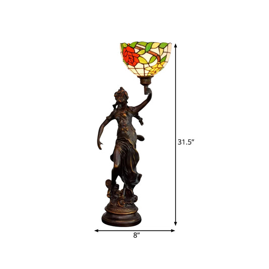 Resin Torchiere Table Light Tiffany 1 Bulb Bronze Nightstand Lamp with Red-Yellow/Blue/Red Flower Glass Shade Clearhalo 'Lamps' 'Table Lamps' Lighting' 889758