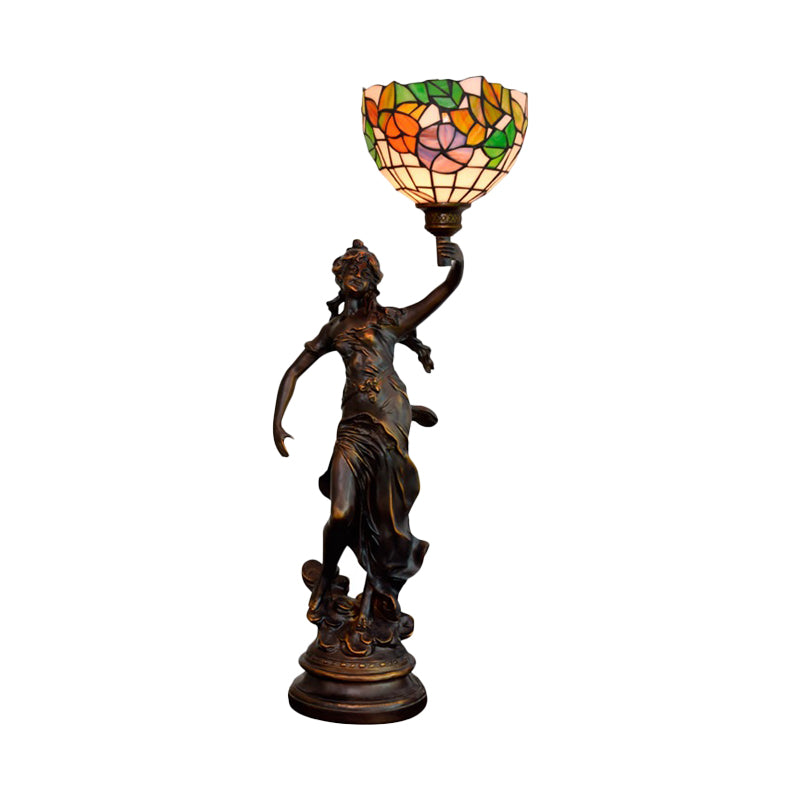Resin Torchiere Table Light Tiffany 1 Bulb Bronze Nightstand Lamp with Red-Yellow/Blue/Red Flower Glass Shade Clearhalo 'Lamps' 'Table Lamps' Lighting' 889761