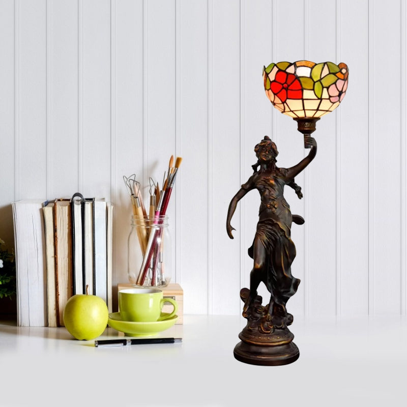 Resin Torchiere Table Light Tiffany 1 Bulb Bronze Nightstand Lamp with Red-Yellow/Blue/Red Flower Glass Shade Clearhalo 'Lamps' 'Table Lamps' Lighting' 889764