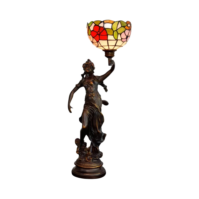 Resin Torchiere Table Light Tiffany 1 Bulb Bronze Nightstand Lamp with Red-Yellow/Blue/Red Flower Glass Shade Clearhalo 'Lamps' 'Table Lamps' Lighting' 889765
