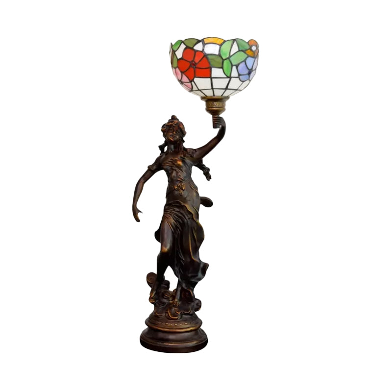 Resin Torchiere Table Light Tiffany 1 Bulb Bronze Nightstand Lamp with Red-Yellow/Blue/Red Flower Glass Shade Clearhalo 'Lamps' 'Table Lamps' Lighting' 889766